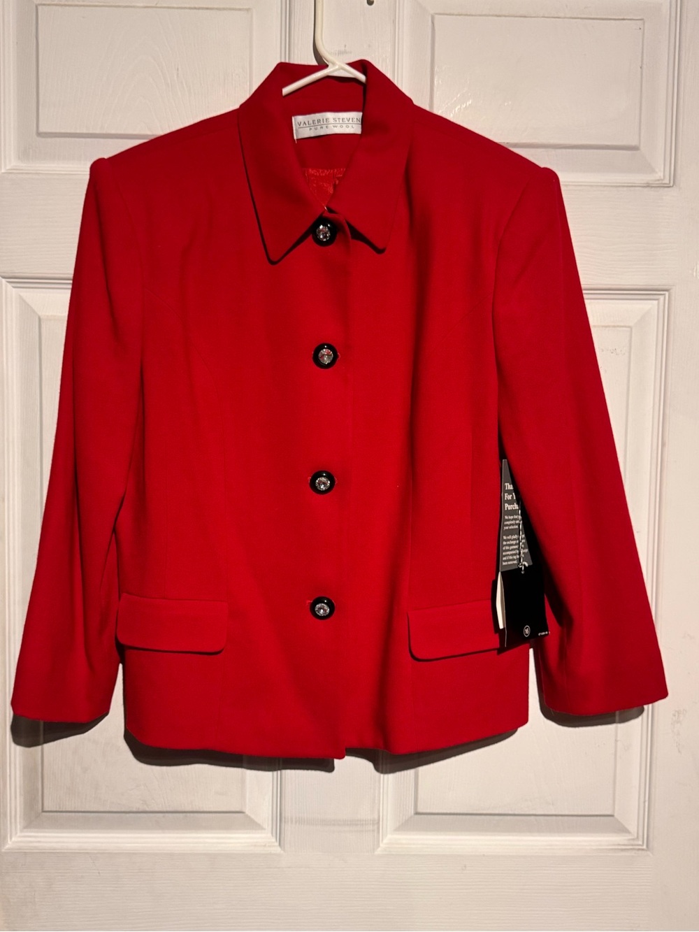 Valerie Stevens Bold Red Button-Front Blazer Black & Glass Buttons with Tags